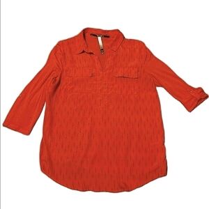 Kensie Boho Ikat Blouse Dash Print Roll Tab Sleeves V-Neck Flap Pockets Medium